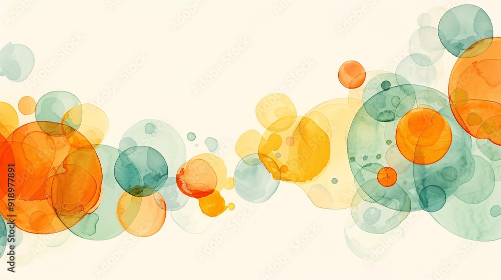 Poster this abstract artwork features a series of overlapping watercolor circles in shades of orange, green