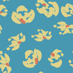 Blue seamless pattern with abstract yellow flowers. Vector square background, illustration, print, design. Japanese style