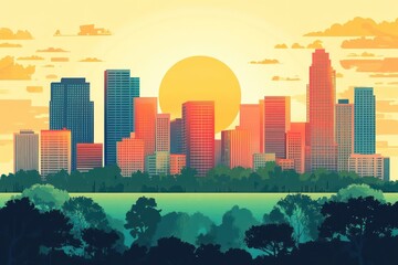 Fototapeta premium Cityscape at Sunset with a Large Sun and Lush Green Trees