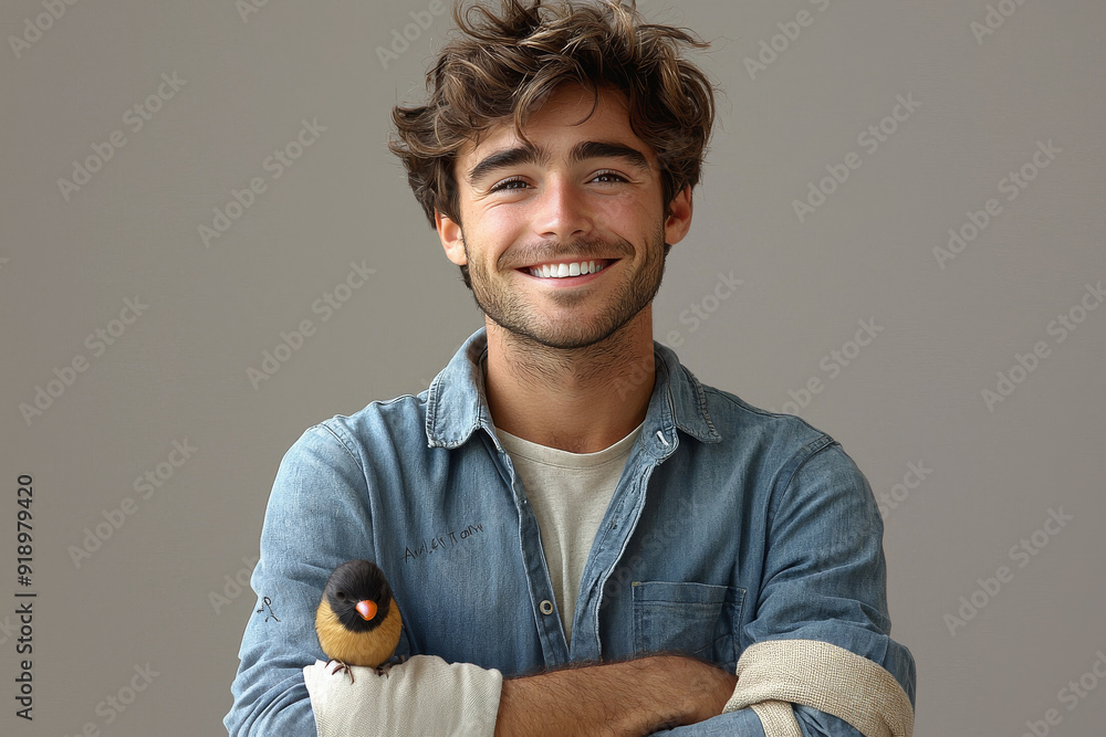 Wall mural Smiling friendly cartoon character adult man male person portrait wearing blue shirt in 3d style design on light background. Human people feelings expression concept