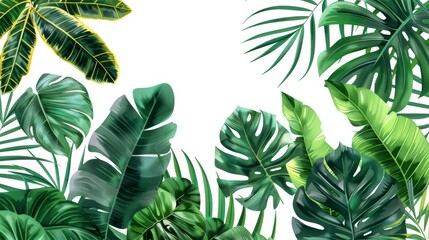 Tropical leaves banner isolated on white background, Fresh tropic plant leaf variety, high detail 