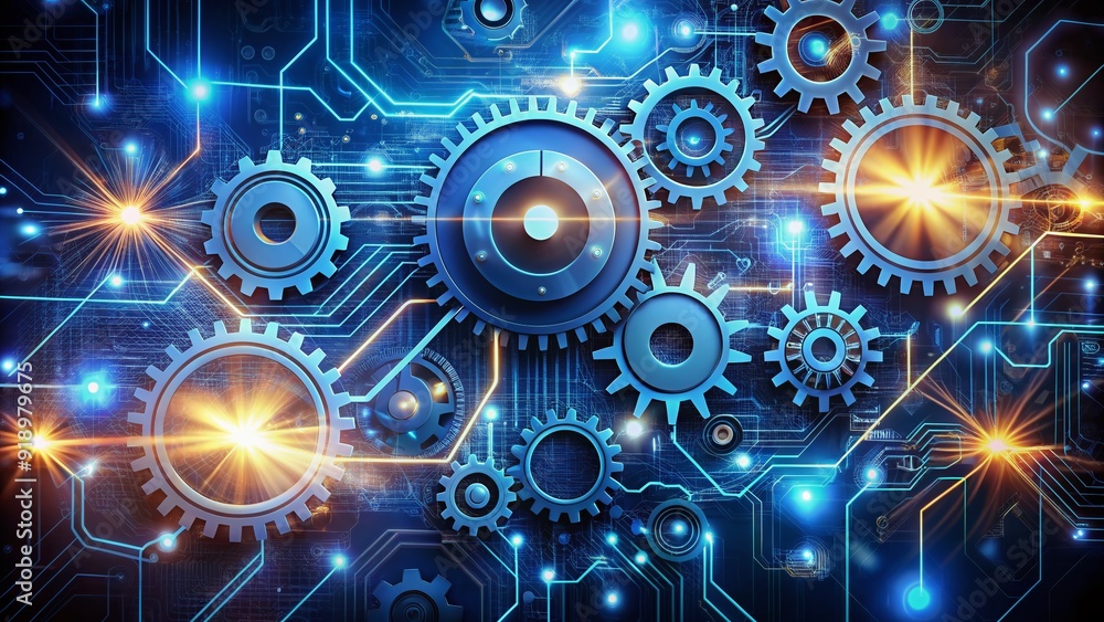 Poster a futuristic abstract background with interconnected gears, circuits, and wires, symbolizing seamles