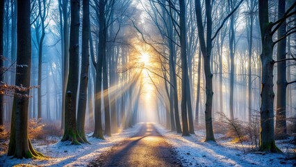 Naklejka premium Foggy light shining through barren trees in a winter forest path, foggy, light, autumn, winter, landscape, trees, path, forest