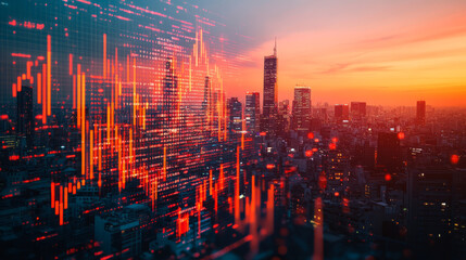 Fototapeta premium A digital image of financial data floating above a city skyline represents global business and finance in a digital age.