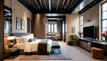 Fototapeta premium Light flesh Loft color main bedroom model, Loft Style