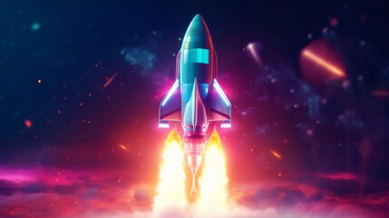 Naklejka premium A rocket is flying through space with a bright blue and white color scheme