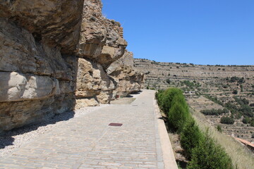 Ares del Maestre, a medieval village in the Province of Castellón, Spain, with a stone castle in ruins on a hilltop