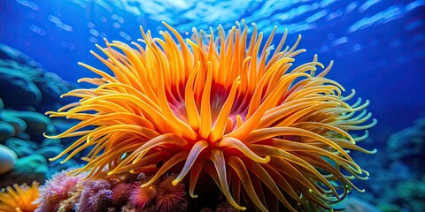 Obraz premium Bright orange sea anemone underwater close-up, marine life, ocean, underwater, vibrant, colorful, tentacles