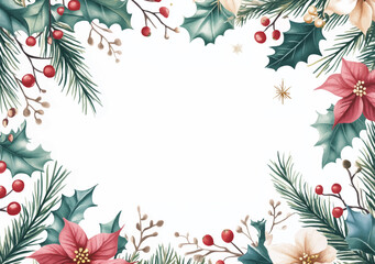 Christmas greeting card template with watercolor holly branches and berries