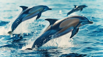Obraz premium A playful group of dolphins leaping out of the crystal-clear ocean water, creating splashes and waves