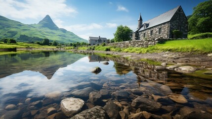 Fototapeta premium Austria, Upper Austria, Hallstatt, Town on shore of Lake Hallstatt with parish church in center 