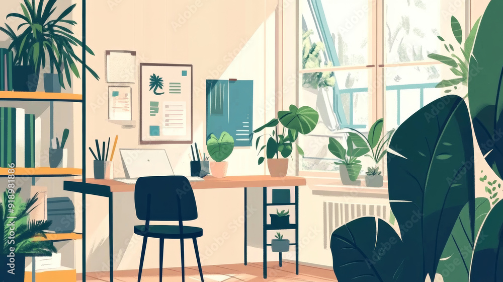 Wall mural A modern room with a desk by the window. It has a poster, house plants, and a shelving. It's drawn in a flat style.