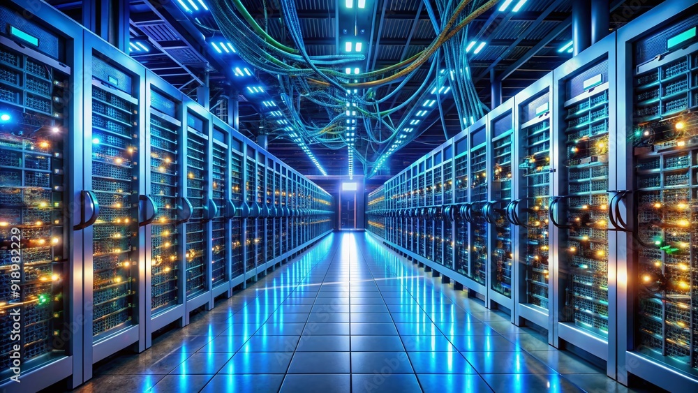 Poster a futuristic network server room with rows of humming machines, illuminated cables, and sleek monito