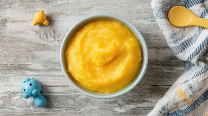 Baby puree in a bowl with a small toy, ample room for branding