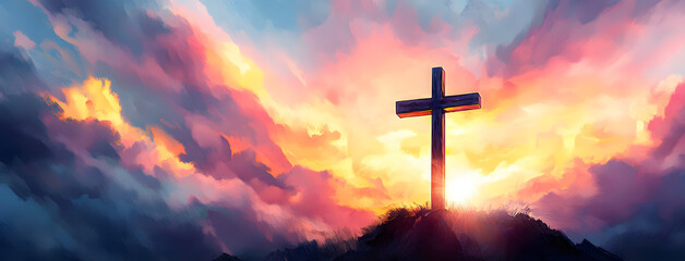 Christian easter. Conceptual religious symbol on a colorful sky at sunset.