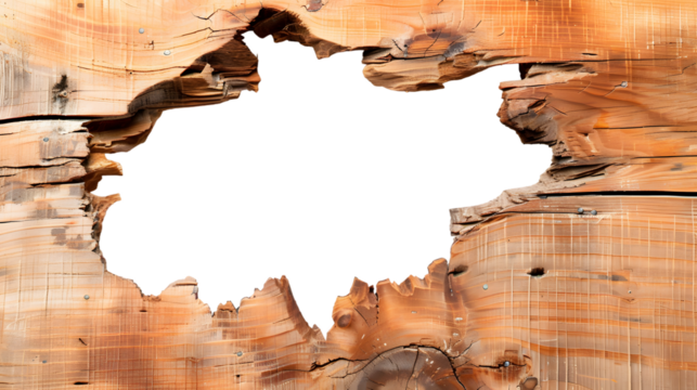 Hole breaking through wodden wall isolated on white background