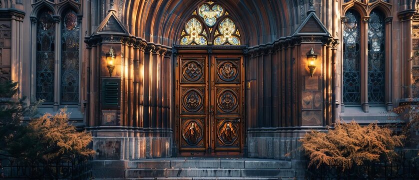An elegant church door, with tall, arched frames, stained glass windows, and intricate ironwork - Powered by Adobe