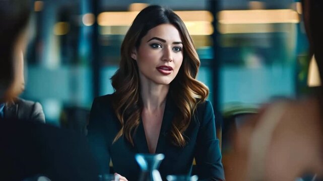 Businesswoman leading a productive team meeting with assertiveness and clarity, fostering success and collaboration.