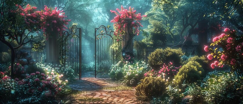 An enchanting garden entrance with a wrought iron gate, blooming flowers, and winding pathways