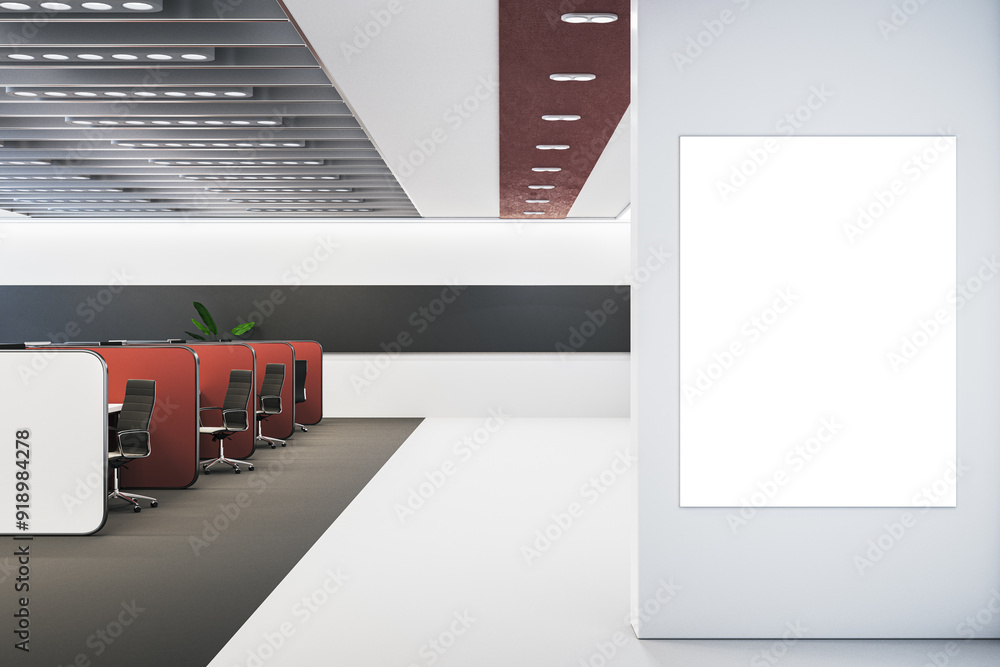 Aufkleber modern red coworking interior with partitions and blank white mock up banner on wall. 3d rendering.