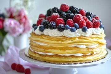 Delicate crepe cake layered with cream and adorned with fresh berries, French elegance, dessert masterpiece, sweet indulgence, cake layers of delight, culinary finesse,