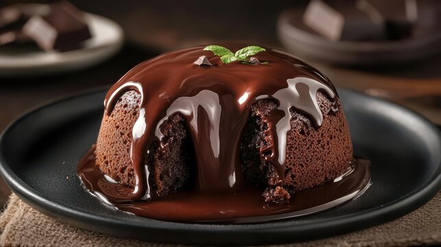 Decadent molten chocolate lava cake oozing with rich chocolate, dessert indulgence, warm delight, chocolate eruption, sweet temptation, culinary seduction,