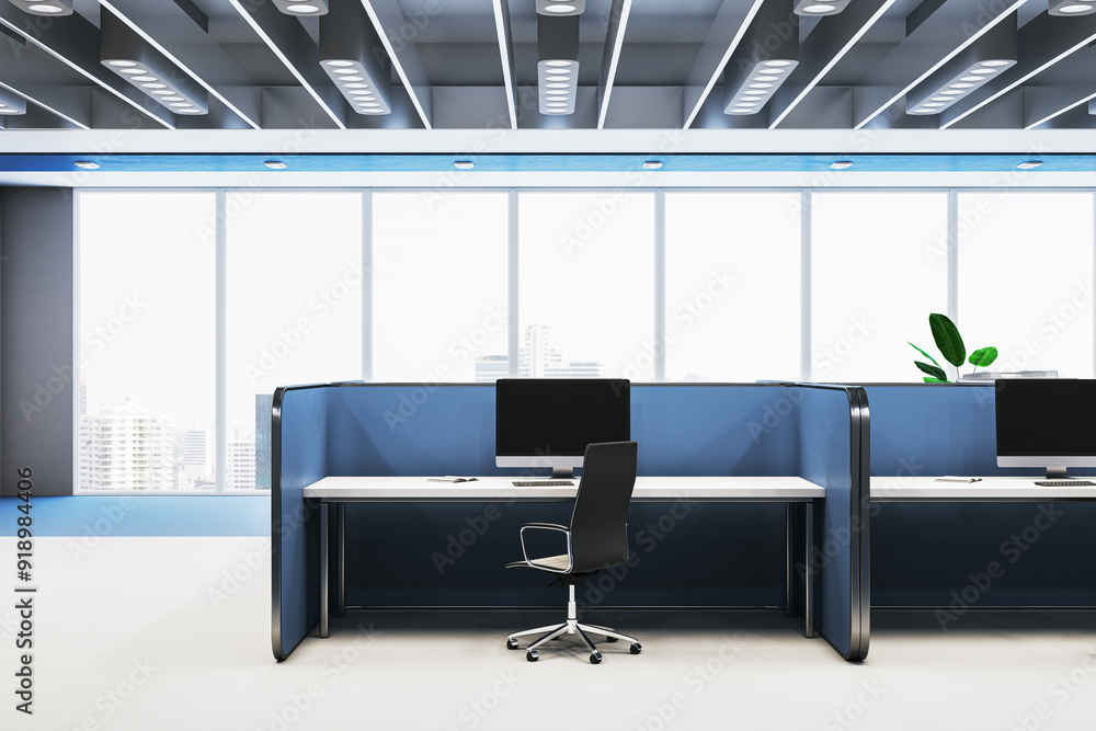 Aufkleber clean blue coworking interior with partitions and panoramic windows with city view. 3d rendering.