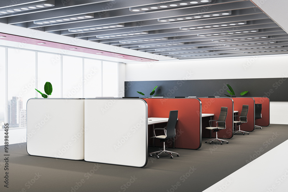Poster Modern red coworking interior with partitions and panoramic windows with city view. 3D Rendering.