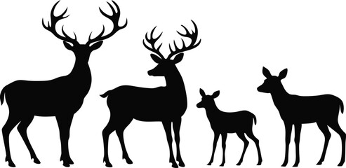 Black Deer Family and Calf Silhouettes