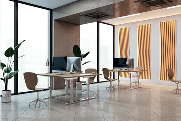 Modern designer office interior with decorative wall, panoramic windows and furniture. 3D Rendering.