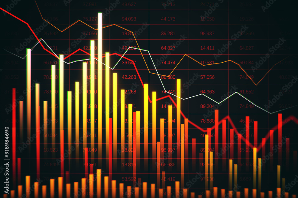Poster abstract downward forex chart on dark background. financial recession and crashing market concept. 3