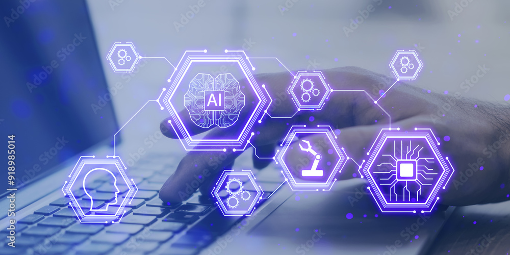 Poster Close up of female hand using laptop with creative digital ai pattern on blurry background. Artificial intelligence, automation and machine learning concept. Double exposure.
