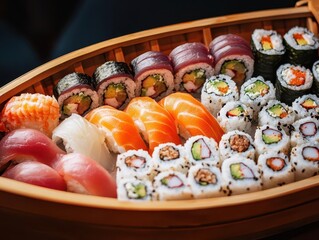 Exquisite sushi boat filled with an assortment of nigiri