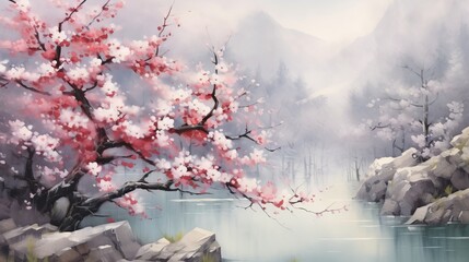 A painting of a cherry blossom tree by a river