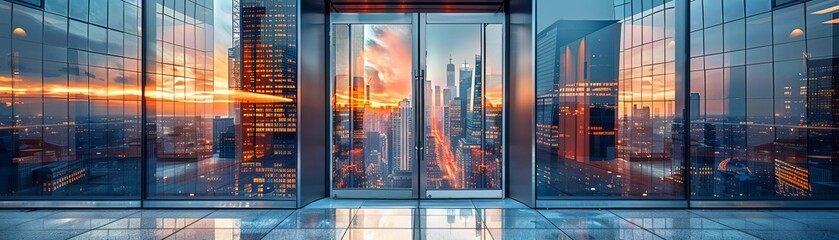 A double glass door of a high-rise office building, reflecting the cityscape and bustling street below