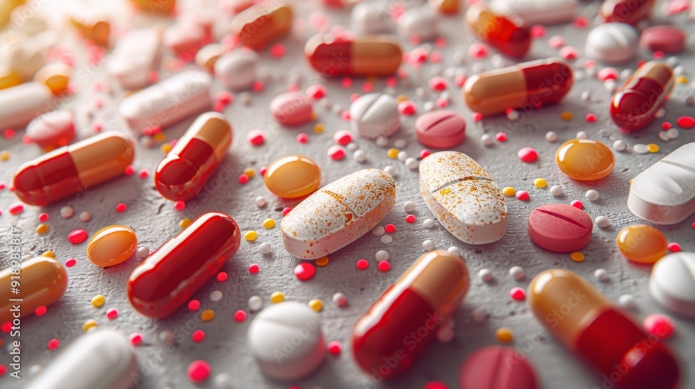 Poster various colorful capsules and tablets scattered on a textured surface with small beads in a bright a