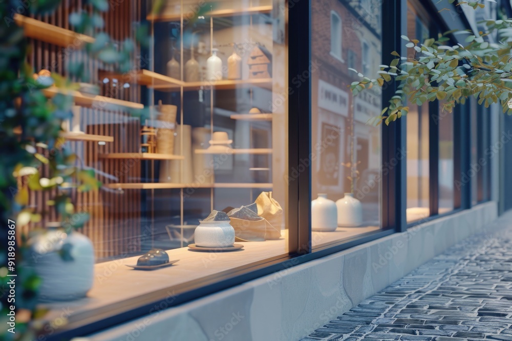 Poster a store window display featuring a collection of vases on the sill