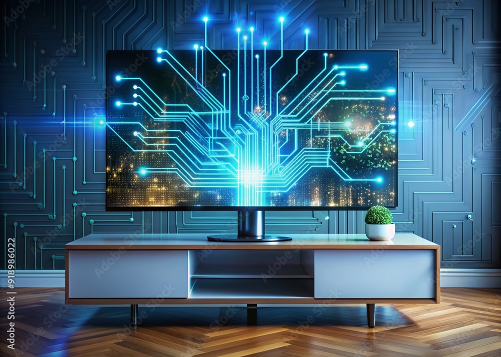 Poster a futuristic holographic display hovers above a sleek console, radiating vibrant circuits and algori