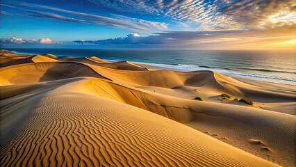 Naklejka premium Sand dunes in a desert meeting the sea, sand, dunes, desert, beach, sea, landscape, nature, arid, dry, hot, serene, tranquil