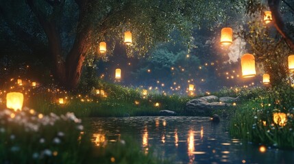Obraz premium Enchanting Forest River with Glowing Lanterns and Fireflies