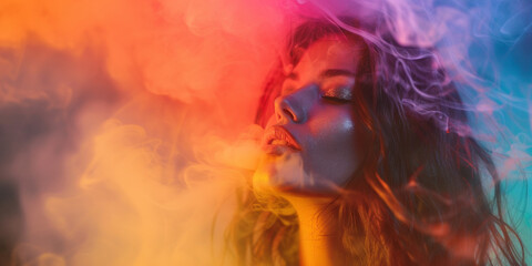 Beautiful woman surrounded by multicolored smoke, bright colors, multicolored fog, close-up, smoke effects, aromatherapy or hookah concept