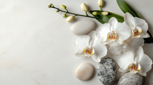 White Orchids, Green Leaf, and Smooth Stones on a White Background