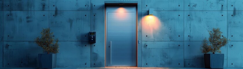 A steel security door of a modern apartment building, equipped with a digital keypad and surveillance camera