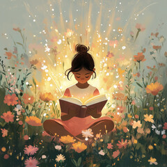 young girl sitting in a simple flower field, deeply engrossed in an English book. As she reads, a soft, magical light radiates from the book, causing flowers around her to bloom.