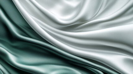 Obraz premium Sage green, grey, and white silk satin with a color gradient. This luxury elegant abstract background features light and dark shades with a matte and shimmer finish. The fabric is shown in folds