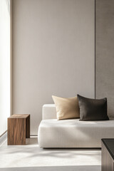 Oriental inspired interiors decoration in a luxury apartment with warm colors and light and shadow play. Residential interior design composition with minimal decor.