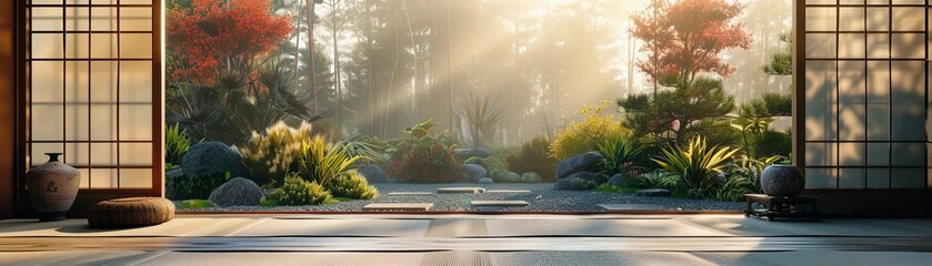 Obraz premium A traditional Japanese sliding door with shoji paper panels, set within a serene Zen garden