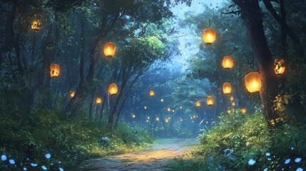 Enchanting Pathway Through a Lantern-Lit Forest