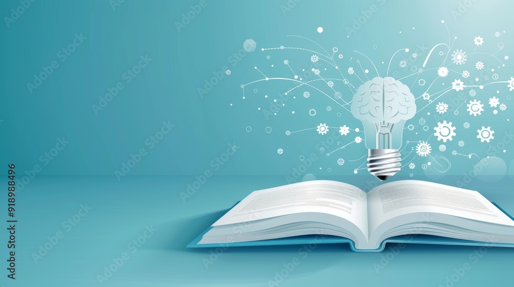 Poster open book with light bulb shaped brain and connection line as knowledge concept, 3d render