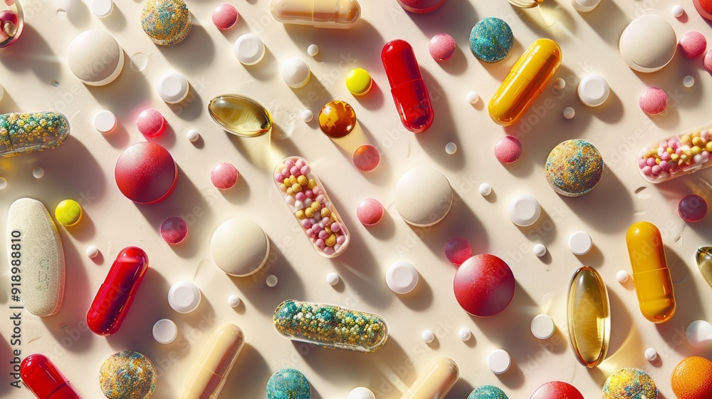 Poster a diverse array of colorful pills and capsules spread out on a light surface